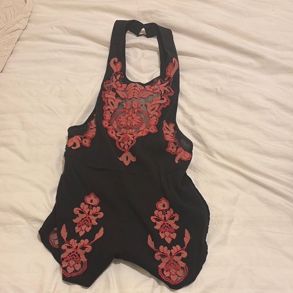 Black and Red Embroidered Tank Top